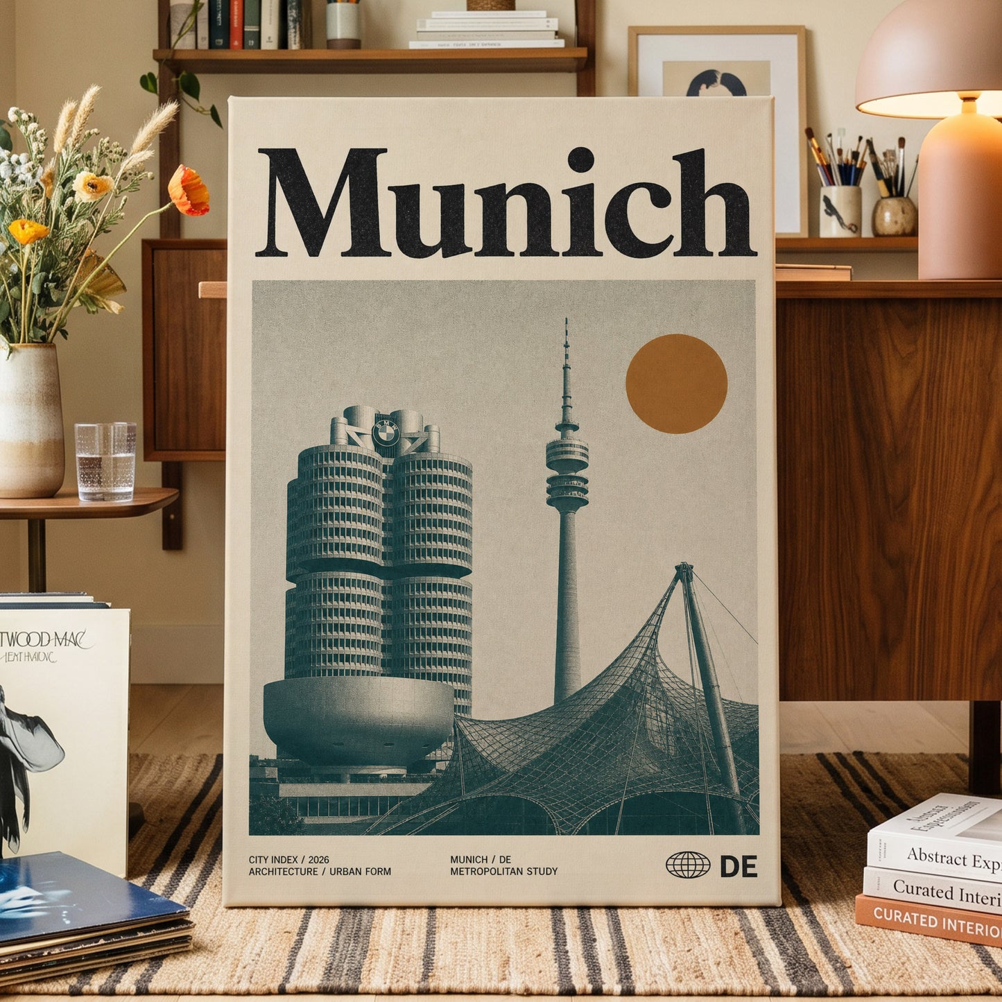 Munich Modernist Index, black, beige, orange minimalist wall art on canvas displayed in a styled interior, gallery view 1