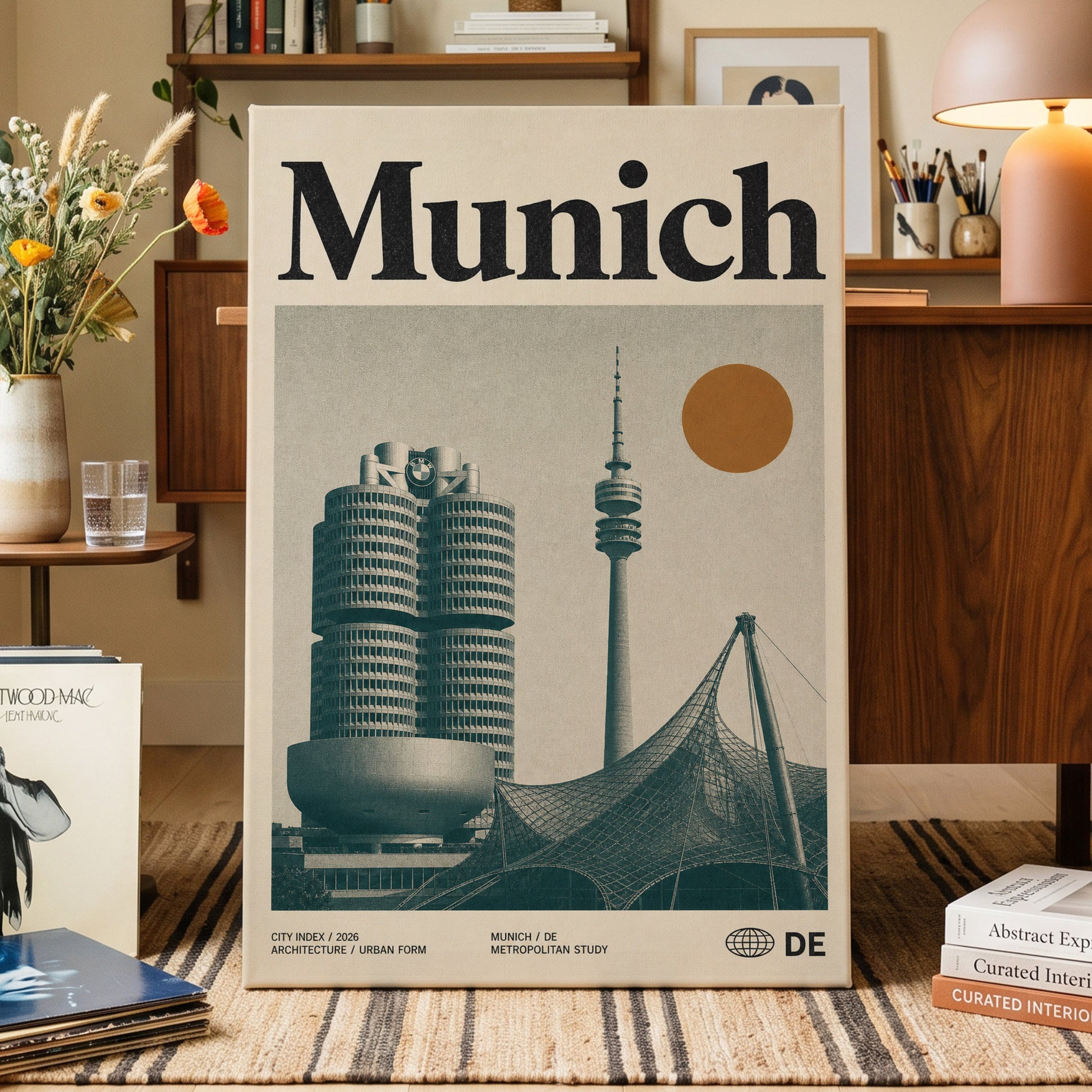 Munich Modernist Index, black, beige, orange minimalist wall art on canvas displayed in a styled interior, gallery view 1