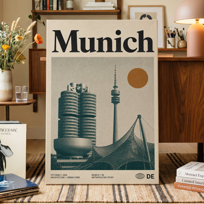 Munich Modernist Index, black, beige, orange minimalist wall art on canvas displayed in a styled interior, gallery view 1