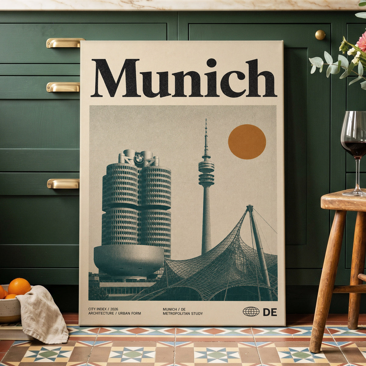 Munich Modernist Index, black, beige, orange minimalist wall art on canvas displayed in a styled interior, gallery view 2