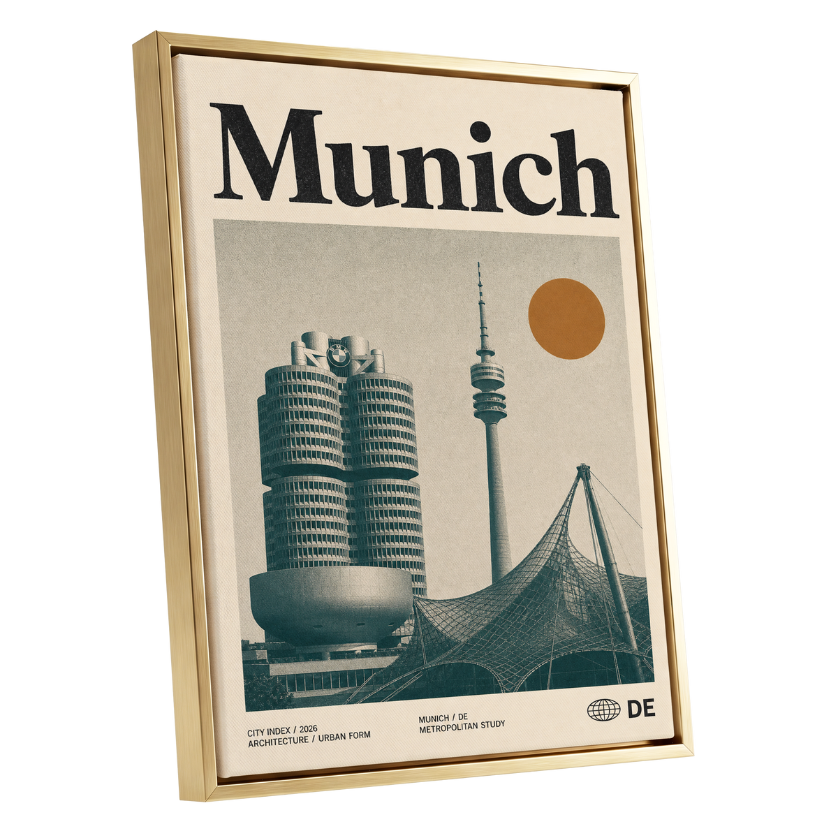 Munich Modernist Index, black, beige, orange minimalist wall art shown as a gold framed canvas wall art