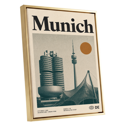 Munich Modernist Index, black, beige, orange minimalist wall art shown as a gold framed canvas wall art