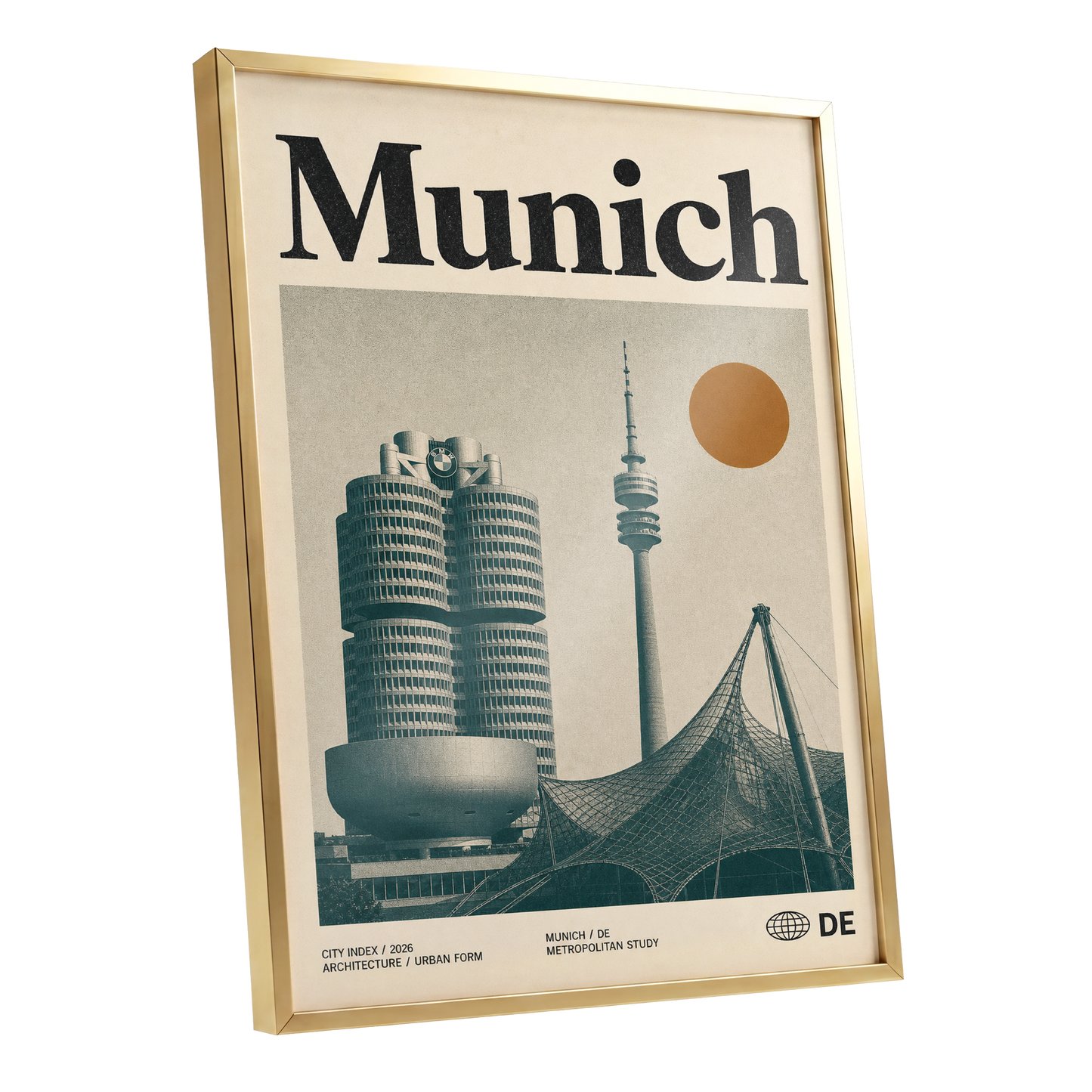 Munich Modernist Index, black, beige, orange minimalist wall art shown as a gold framed poster wall art print