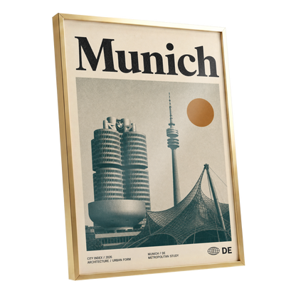 Munich Modernist Index, black, beige, orange minimalist wall art shown as a gold framed poster wall art print