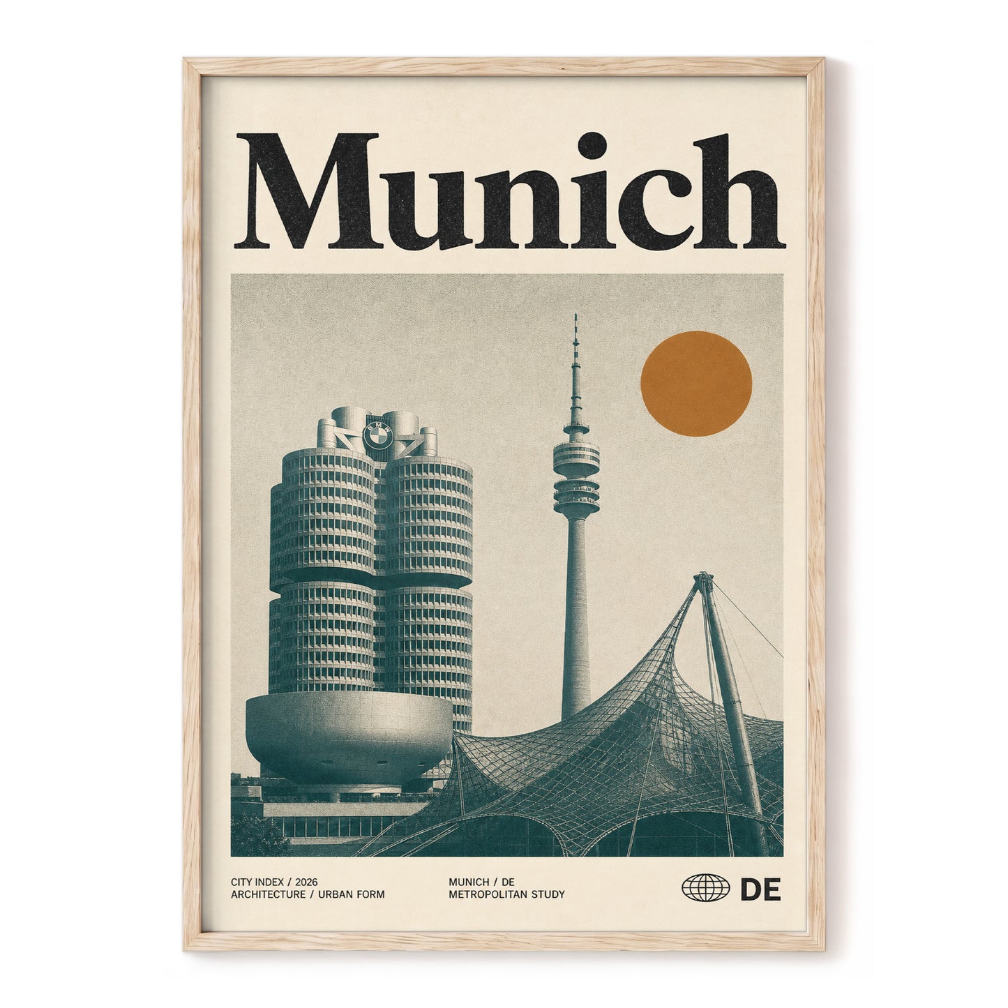 Munich Modernist Index, black, beige, orange minimalist wall art, front artwork view