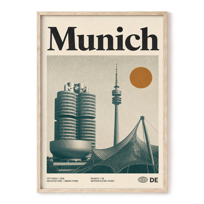 Munich Modernist Index, black, beige, orange minimalist wall art, front artwork view