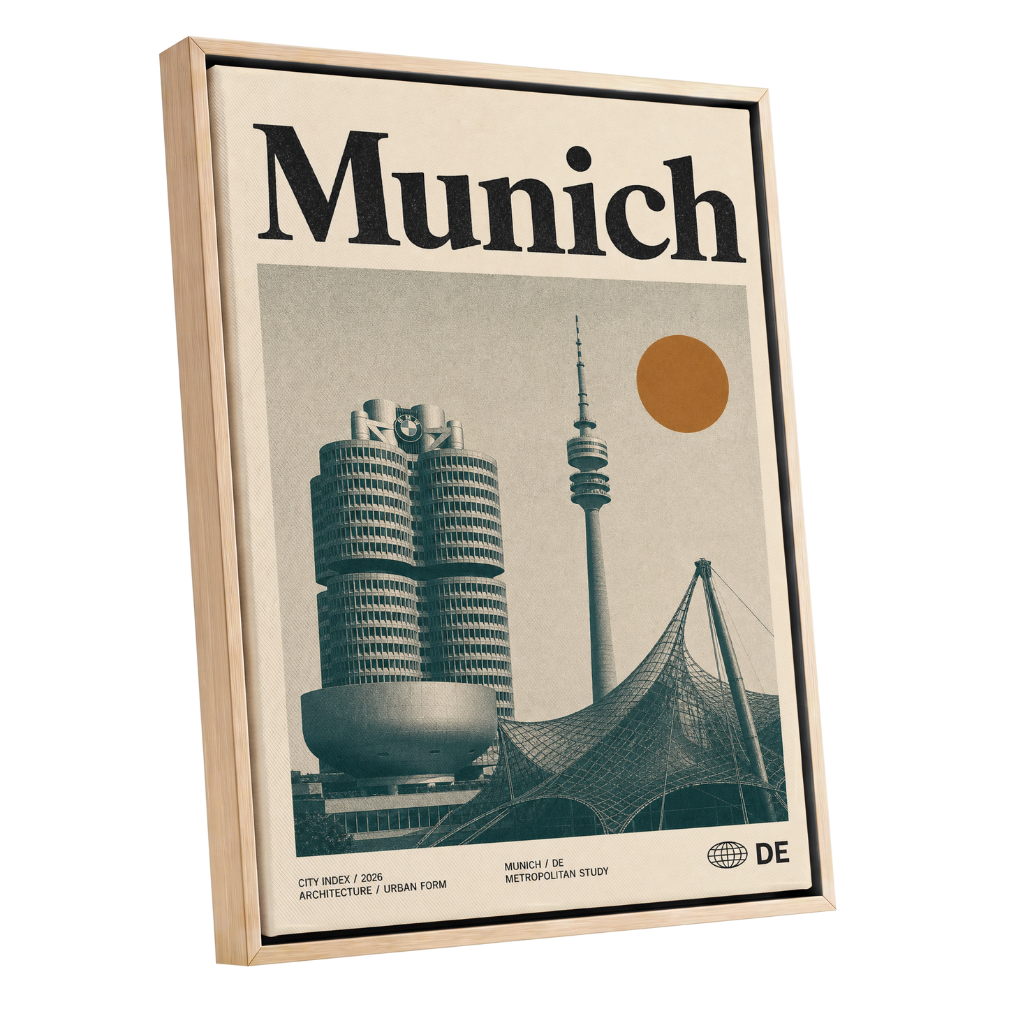 Munich Modernist Index, black, beige, orange minimalist wall art shown as a oak framed canvas wall art