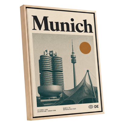Munich Modernist Index, black, beige, orange minimalist wall art shown as a oak framed canvas wall art