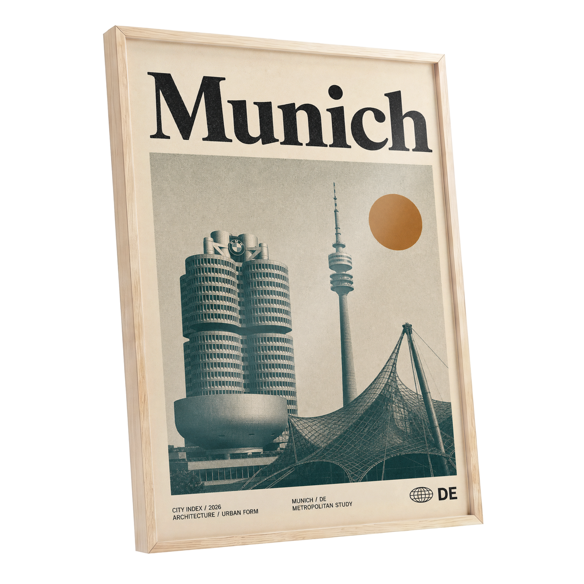 Munich Modernist Index, black, beige, orange minimalist wall art shown as a oak framed poster wall art print
