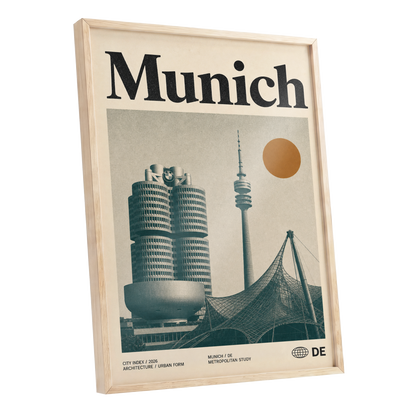 Munich Modernist Index, black, beige, orange minimalist wall art shown as a oak framed poster wall art print