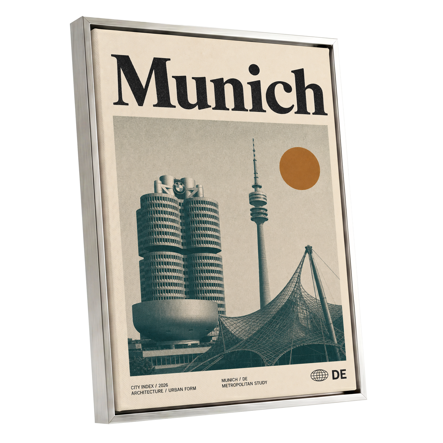 Munich Modernist Index, black, beige, orange minimalist wall art shown as a silver framed canvas wall art