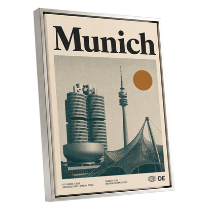 Munich Modernist Index, black, beige, orange minimalist wall art shown as a silver framed canvas wall art