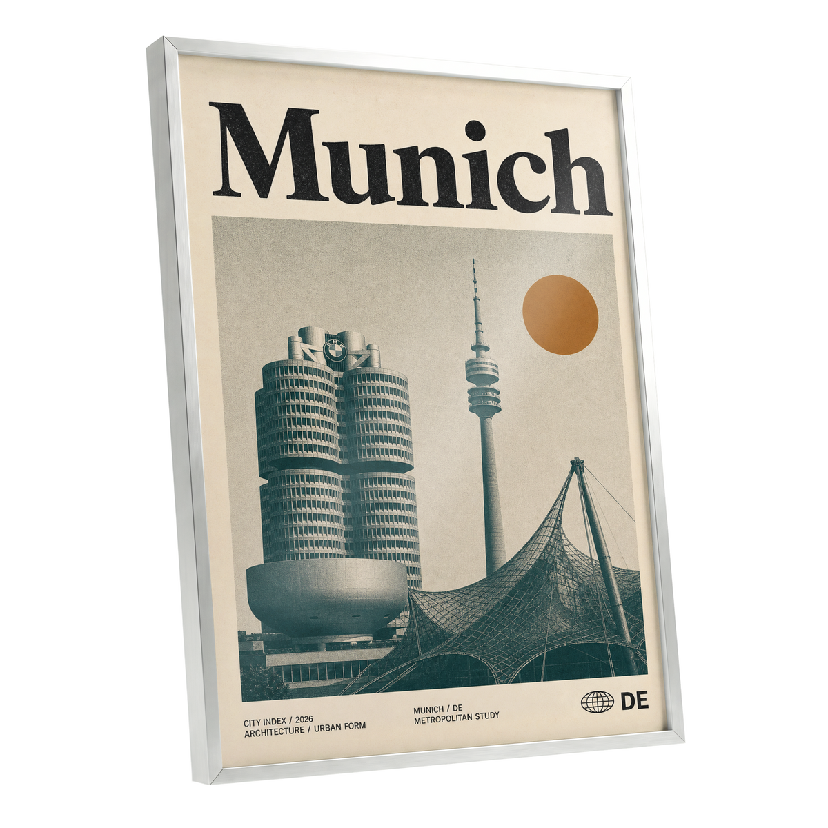 Munich Modernist Index, black, beige, orange minimalist wall art shown as a silver framed poster wall art print