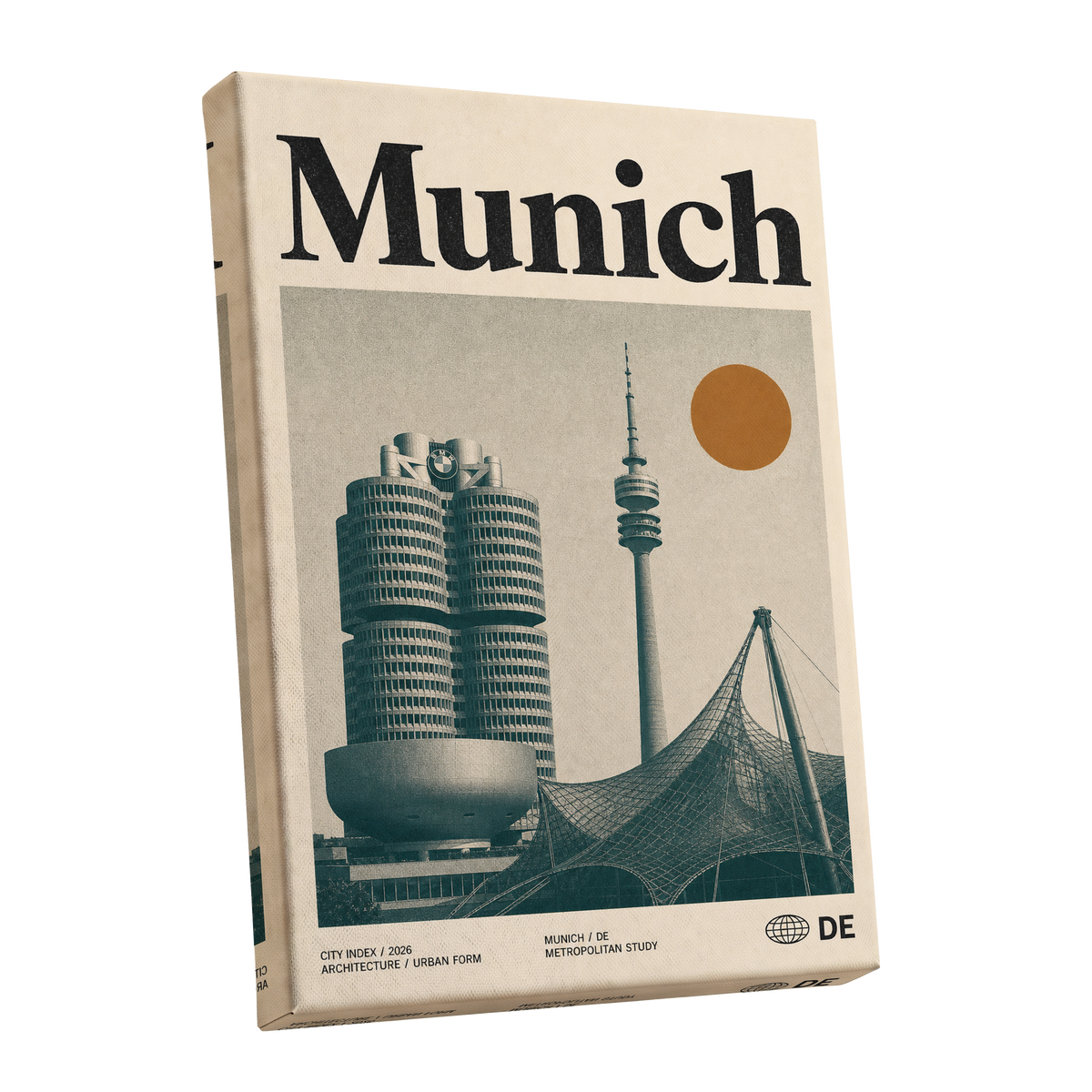 Munich Modernist Index, black, beige, orange minimalist wall art shown as a stretched canvas wall art