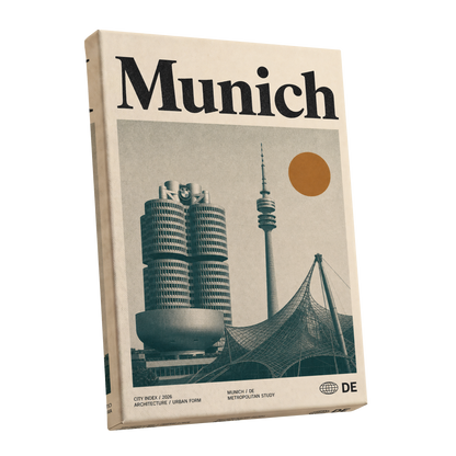 Munich Modernist Index, black, beige, orange minimalist wall art shown as a stretched canvas wall art