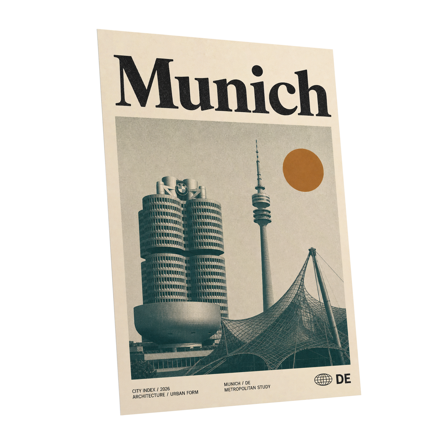 Munich Modernist Index, black, beige, orange minimalist wall art shown as a unframed poster wall art print