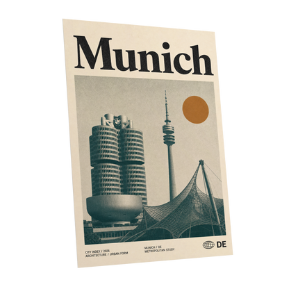 Munich Modernist Index, black, beige, orange minimalist wall art shown as a unframed poster wall art print