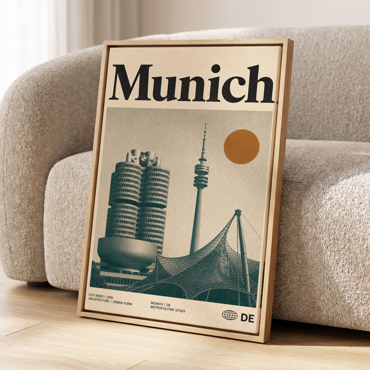 Munich Modernist Index, black, beige, orange minimalist wall art displayed in a styled interior, gallery view 1