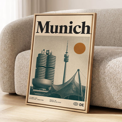 Munich Modernist Index, black, beige, orange minimalist wall art displayed in a styled interior, gallery view 1