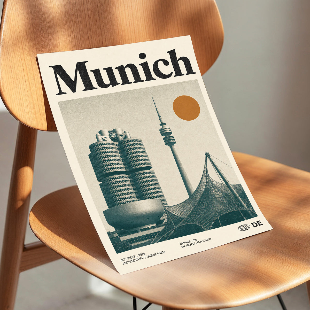 Munich Modernist Index, black, beige, orange minimalist wall art displayed in a styled interior, gallery view 3