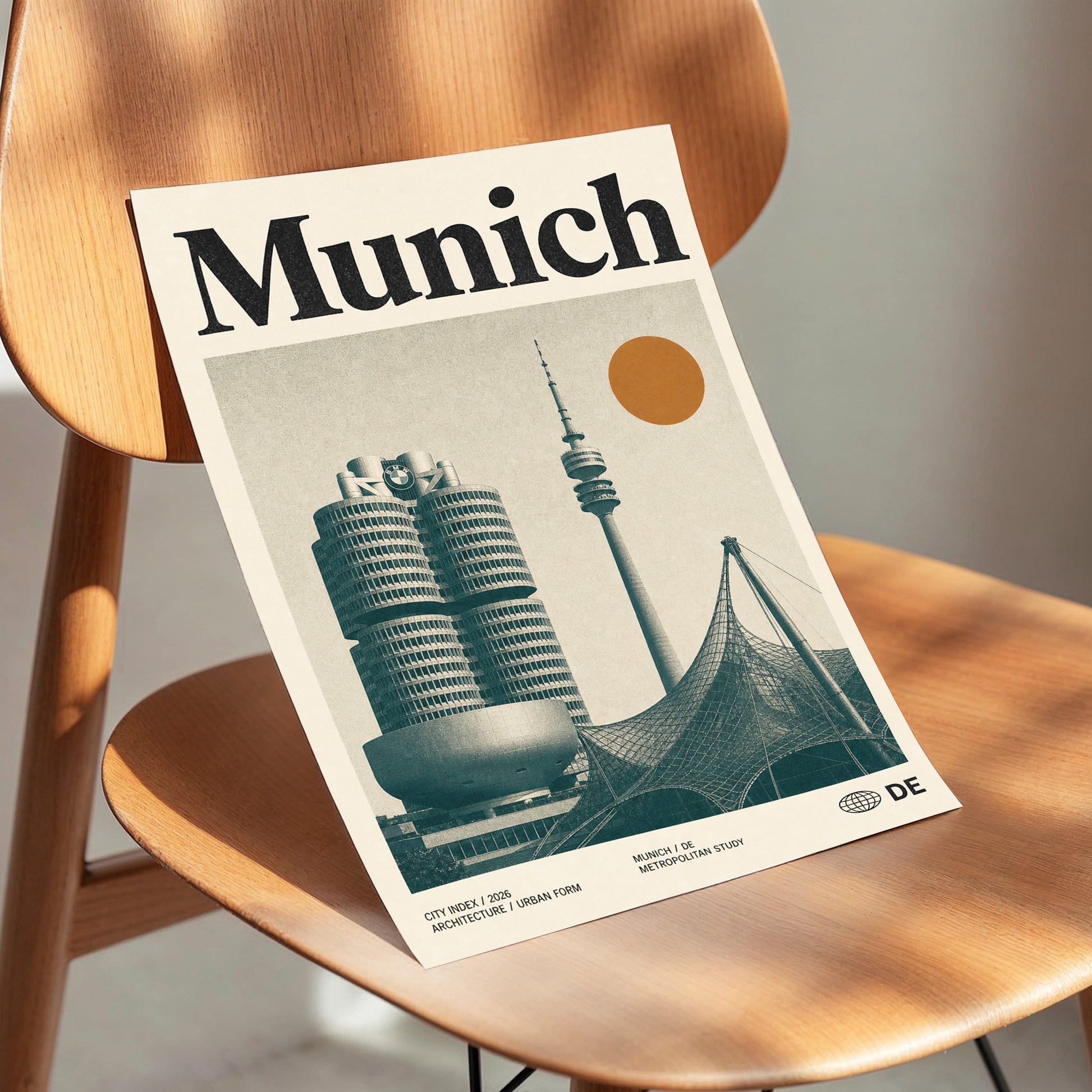 Munich Modernist Index, black, beige, orange minimalist wall art displayed in a styled interior, gallery view 3