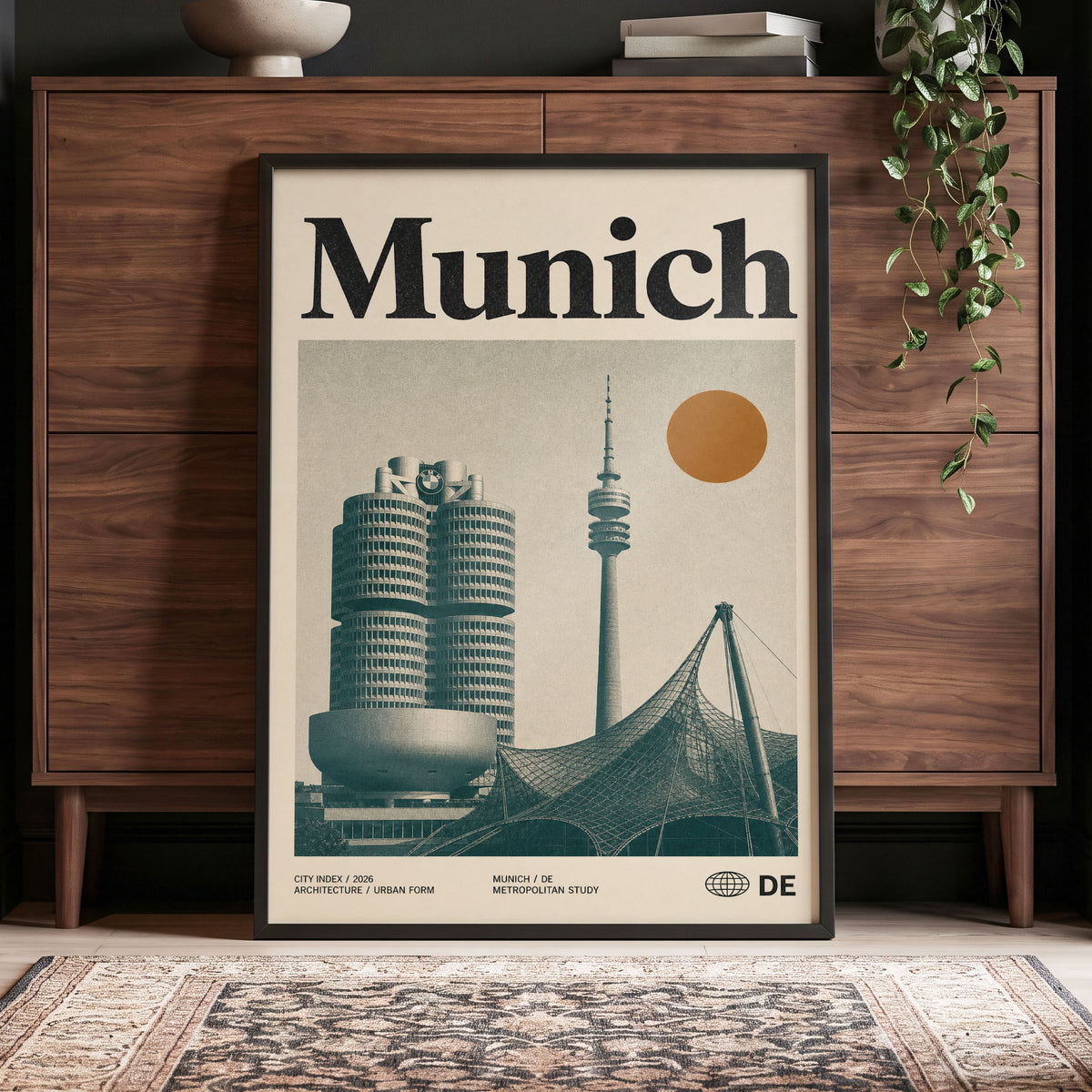 Munich Modernist Index, black, beige, orange minimalist wall art displayed in a styled interior, gallery view 4