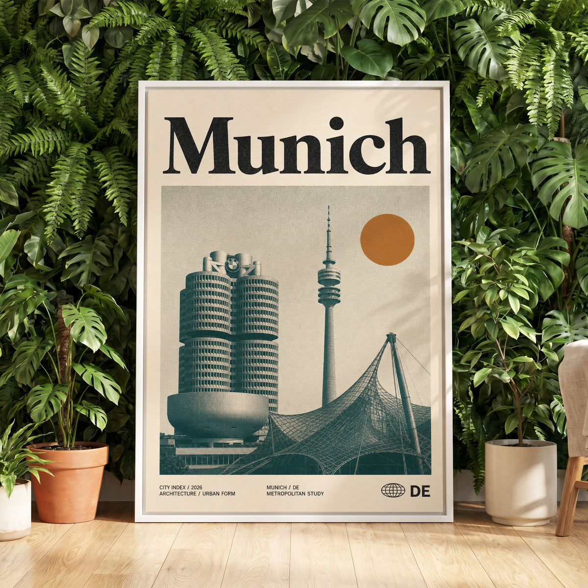 Munich Modernist Index, black, beige, orange minimalist wall art displayed in a styled interior, gallery view 5