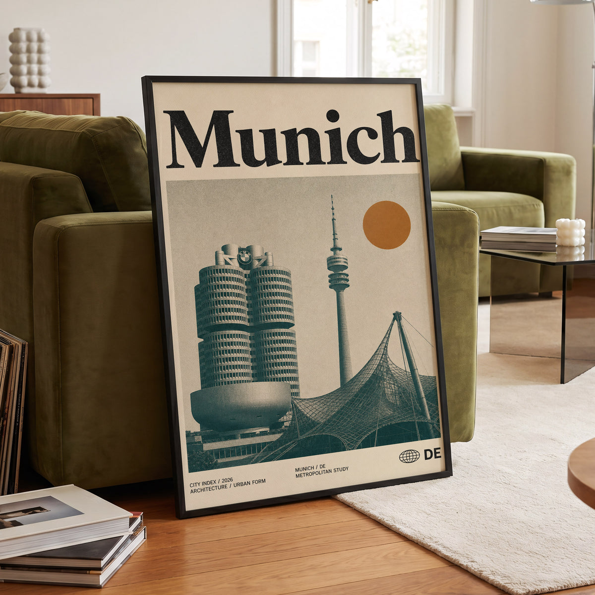 Munich Modernist Index, black, beige, orange minimalist wall art displayed in a styled interior, gallery view 6
