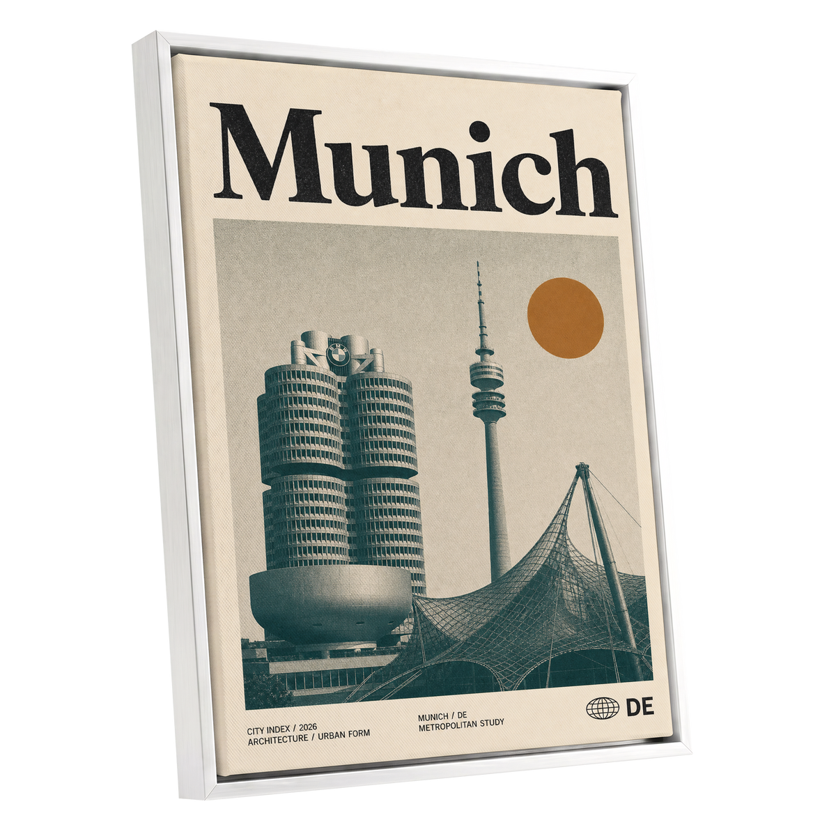 Munich Modernist Index, black, beige, orange minimalist wall art shown as a white framed canvas wall art