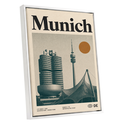 Munich Modernist Index, black, beige, orange minimalist wall art shown as a white framed canvas wall art