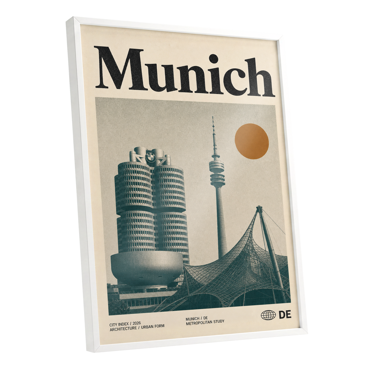 Munich Modernist Index, black, beige, orange minimalist wall art shown as a white framed poster wall art print