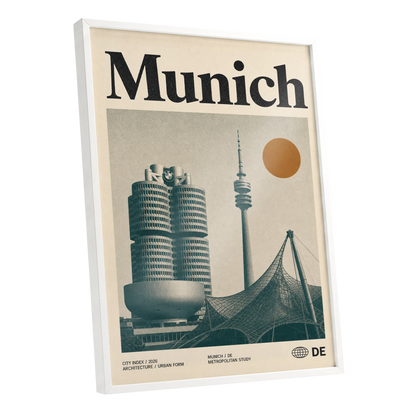 Munich Modernist Index, black, beige, orange minimalist wall art shown as a white framed poster wall art print