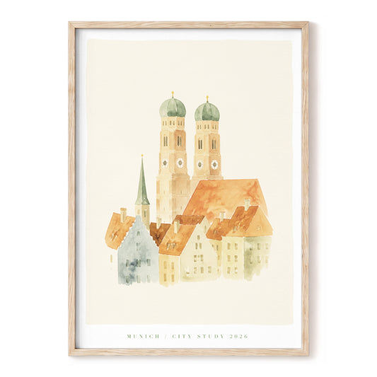 Munich Rooftops, beige, orange, green minimalist wall art, front artwork view