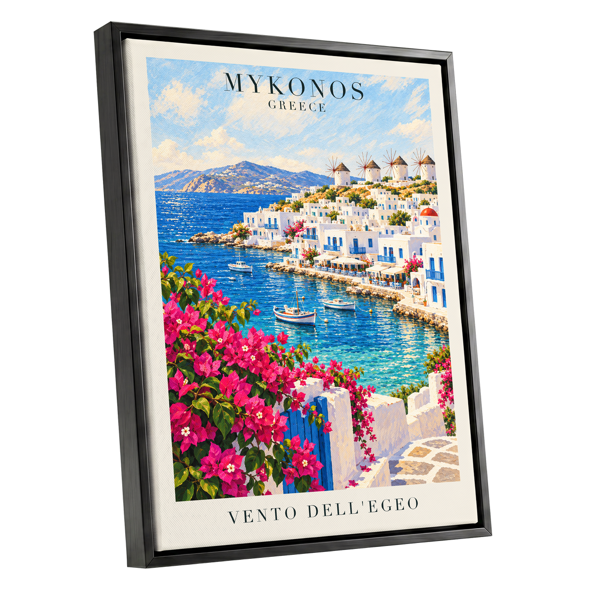 Mykonos in Bloom, blue, white, pink nature wall art shown as a black framed canvas wall art