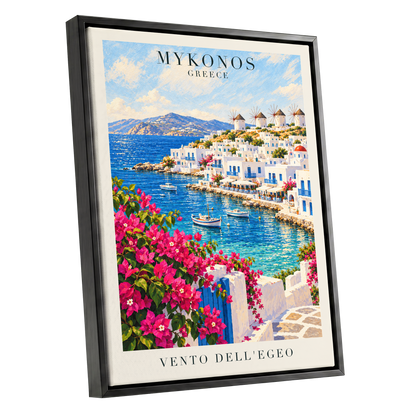 Mykonos in Bloom, blue, white, pink nature wall art shown as a black framed canvas wall art
