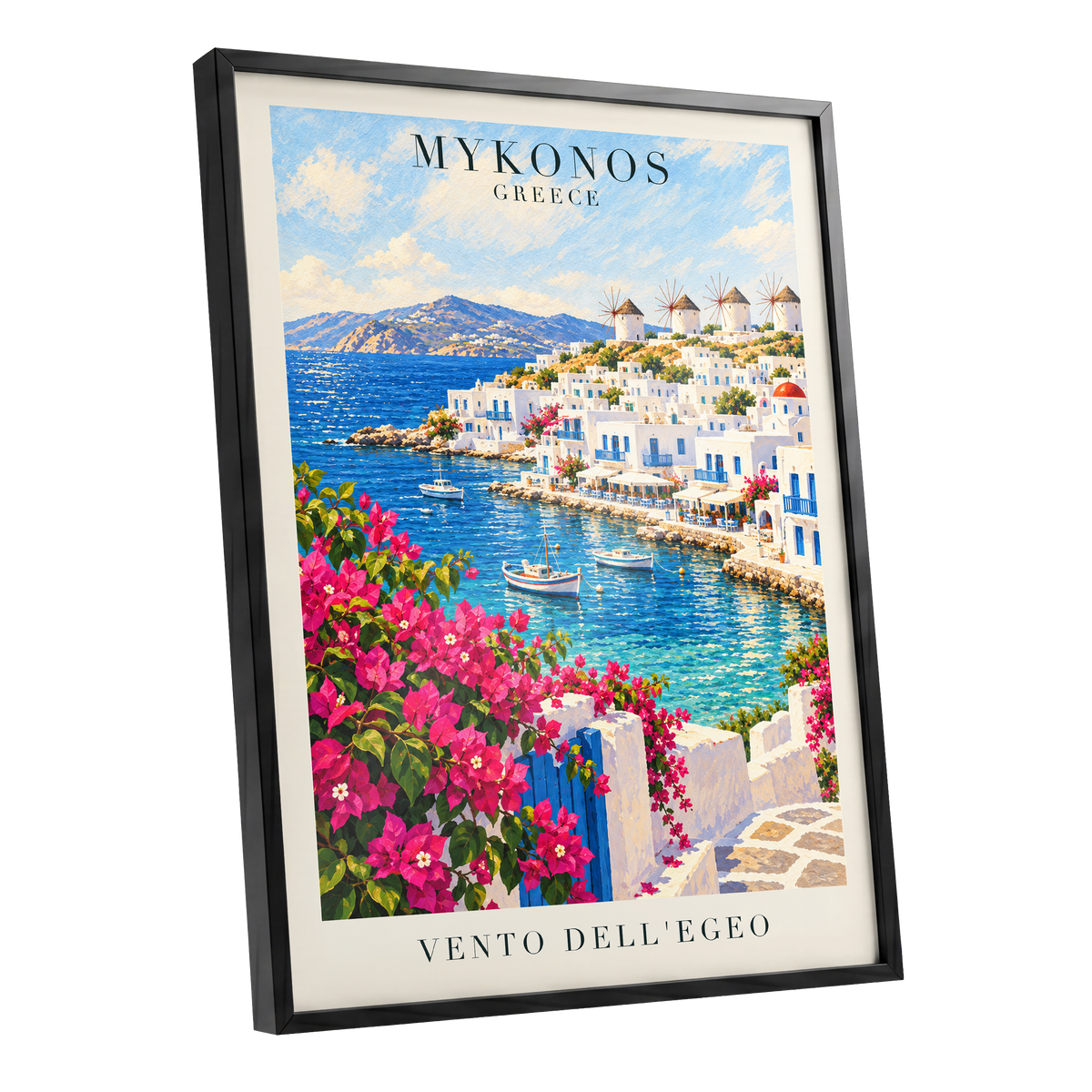 Mykonos in Bloom, blue, white, pink nature wall art shown as a black framed poster wall art print