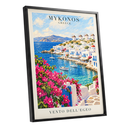 Mykonos in Bloom, blue, white, pink nature wall art shown as a black framed poster wall art print