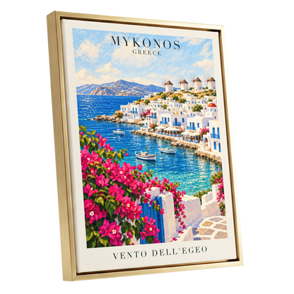 Mykonos in Bloom, blue, white, pink nature wall art shown as a gold framed canvas wall art