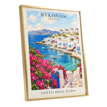 Mykonos in Bloom, blue, white, pink nature wall art shown as a gold framed poster wall art print