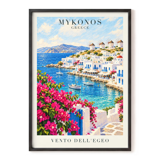 Mykonos in Bloom, blue, white, pink nature wall art, front artwork view