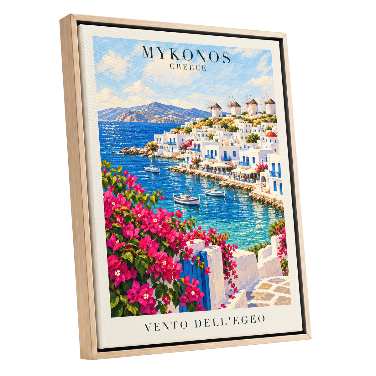 Mykonos in Bloom, blue, white, pink nature wall art shown as a oak framed canvas wall art