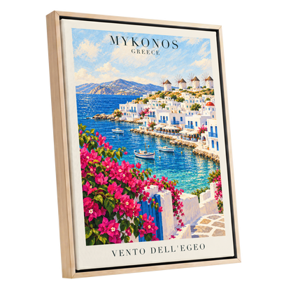 Mykonos in Bloom, blue, white, pink nature wall art shown as a oak framed canvas wall art
