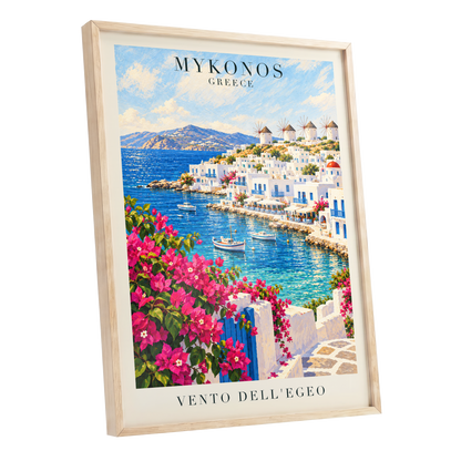 Mykonos in Bloom, blue, white, pink nature wall art shown as a oak framed poster wall art print