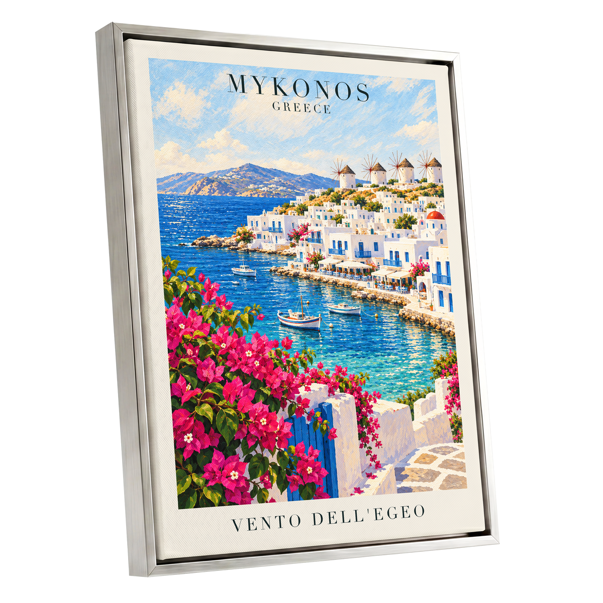 Mykonos in Bloom, blue, white, pink nature wall art shown as a silver framed canvas wall art