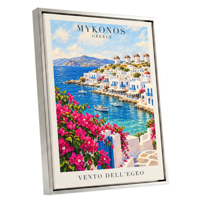 Mykonos in Bloom, blue, white, pink nature wall art shown as a silver framed canvas wall art