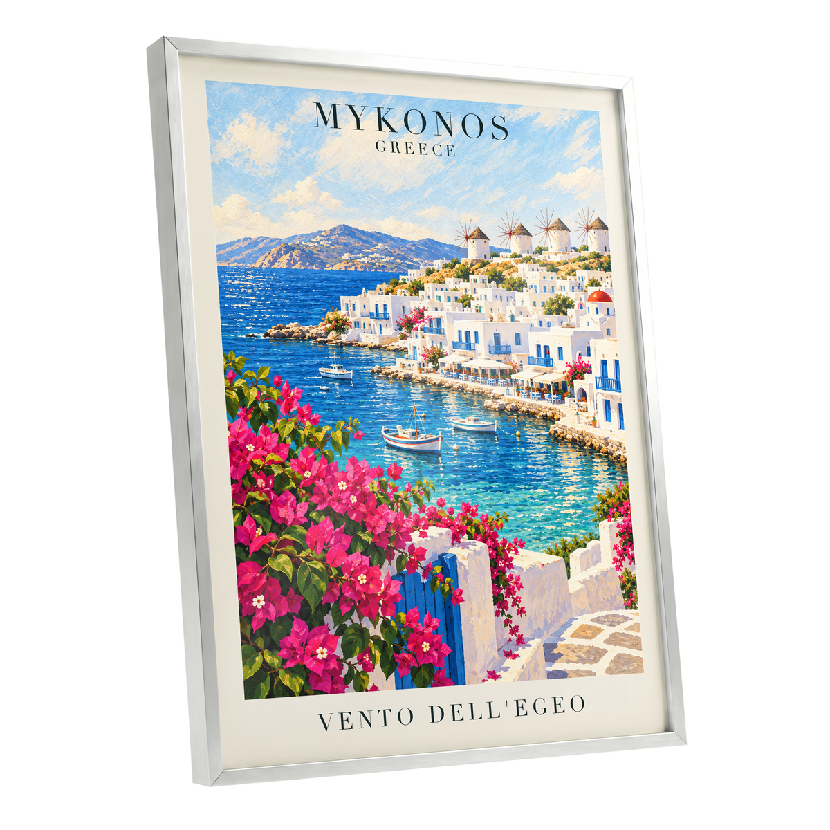 Mykonos in Bloom, blue, white, pink nature wall art shown as a silver framed poster wall art print