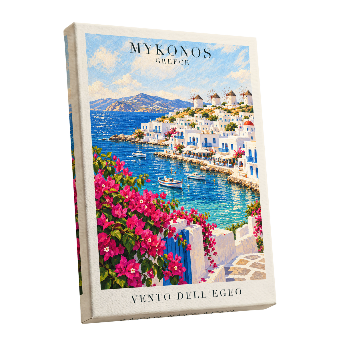 Mykonos in Bloom, blue, white, pink nature wall art shown as a stretched canvas wall art