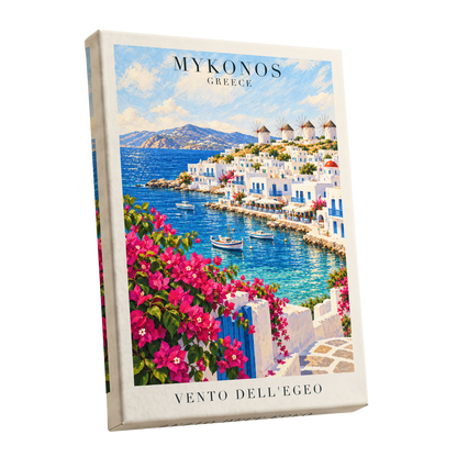 Mykonos in Bloom, blue, white, pink nature wall art shown as a stretched canvas wall art