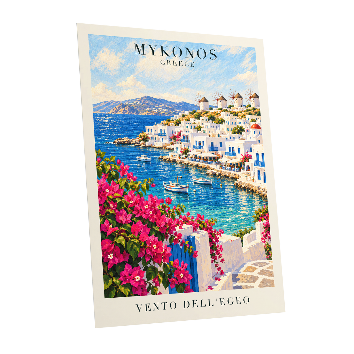 Mykonos in Bloom, blue, white, pink nature wall art shown as a unframed poster wall art print