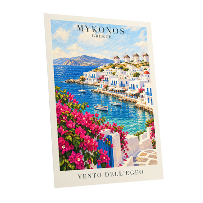 Mykonos in Bloom, blue, white, pink nature wall art shown as a unframed poster wall art print